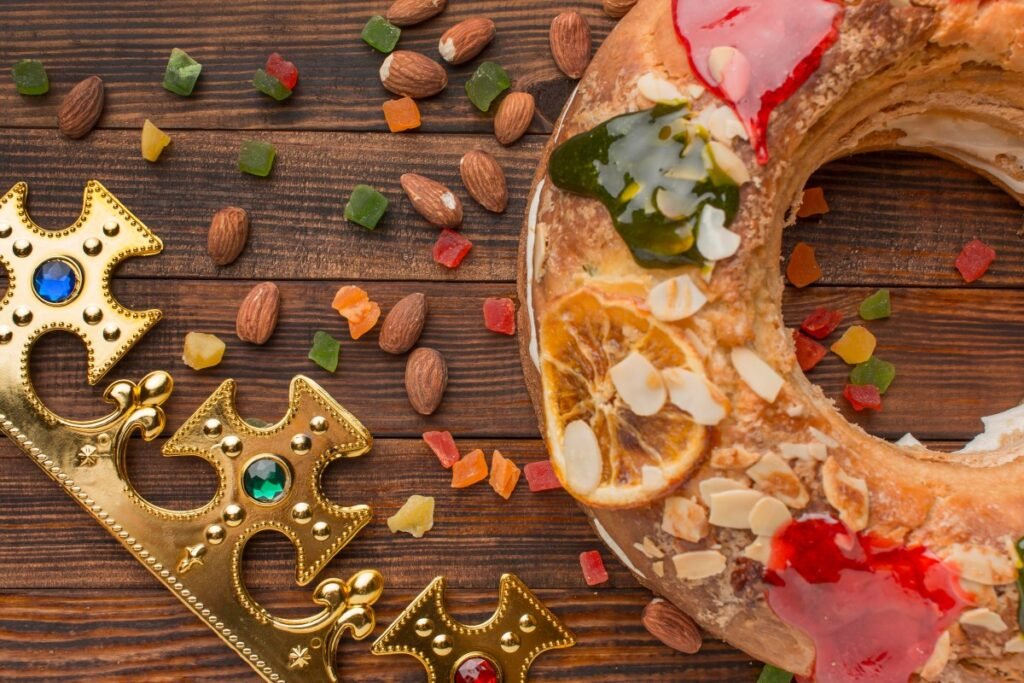 Top View Epiphany Cake Roscon De Reyes Almonds 1 1024x683